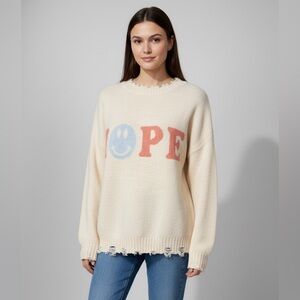 New miss sparkling Cream Sweater with Red and Blue Print sz m-XL hope